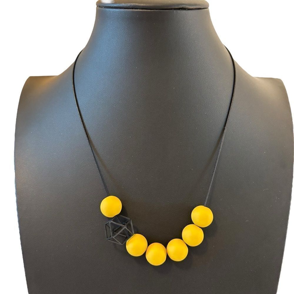 Mustard Yellow Beaded & Black Geometric Necklace. Very Unique & Cool Looking.